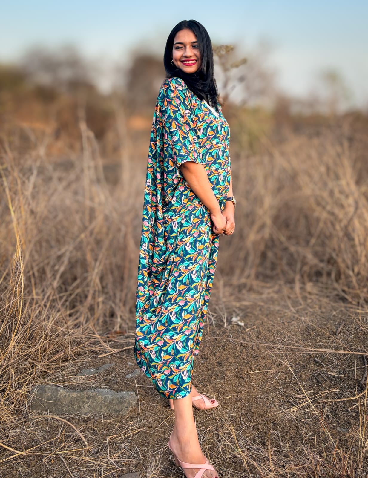 Crepe Kaftan Dress inspired by Water Hyacinth in tropical lagoons. Free-flowing and stylish, offering comfort and elegance. Perfect for all occasions with a unique vibrant floral print. #CrepeKaftan #TropicalFashion #WaterHyacinthPrint #SummerStyle