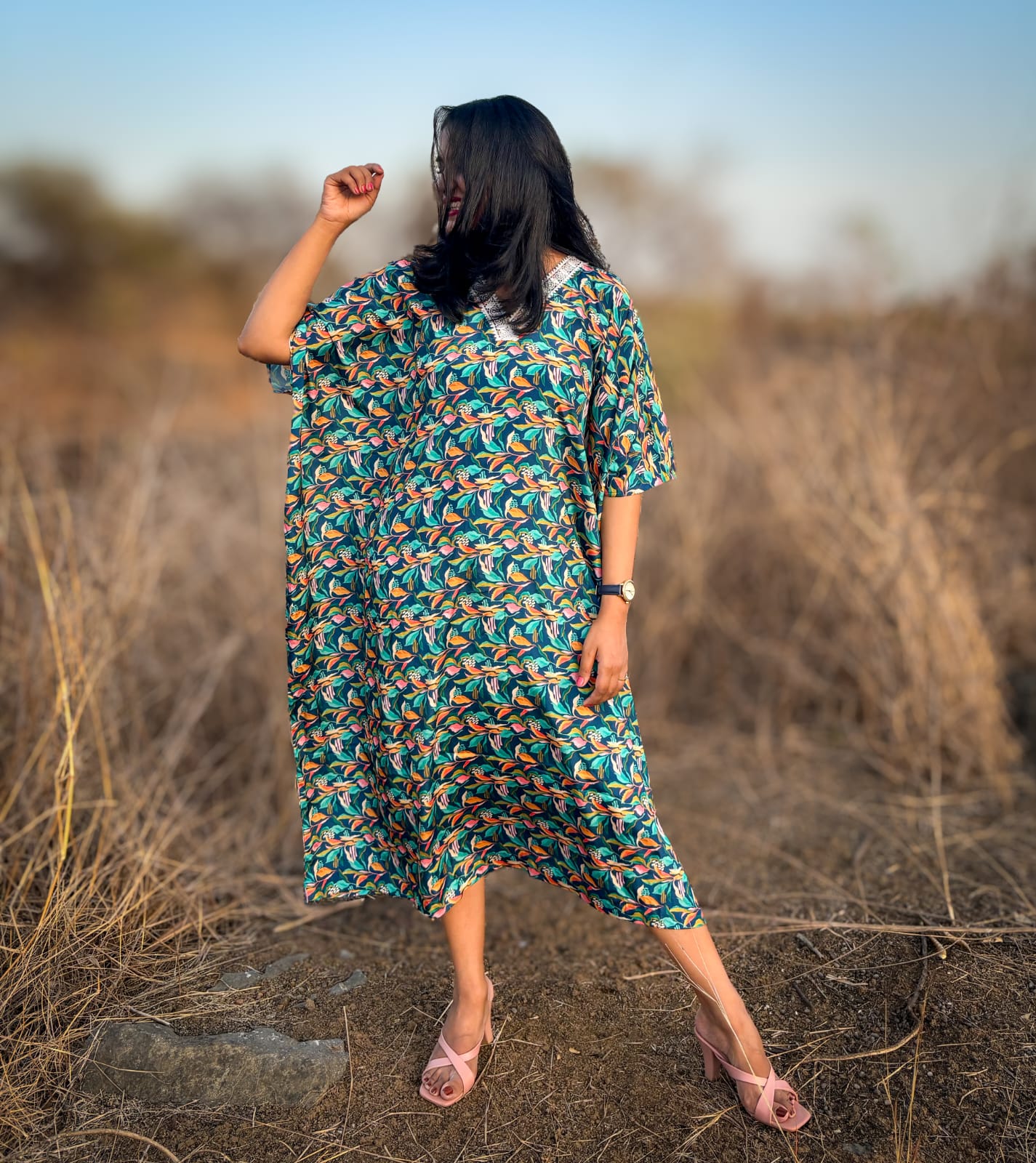 Crepe Kaftan Dress inspired by Water Hyacinth in tropical lagoons. Free-flowing and stylish, offering comfort and elegance. Perfect for all occasions with a unique vibrant floral print. #CrepeKaftan #TropicalFashion #WaterHyacinthPrint #SummerStyle