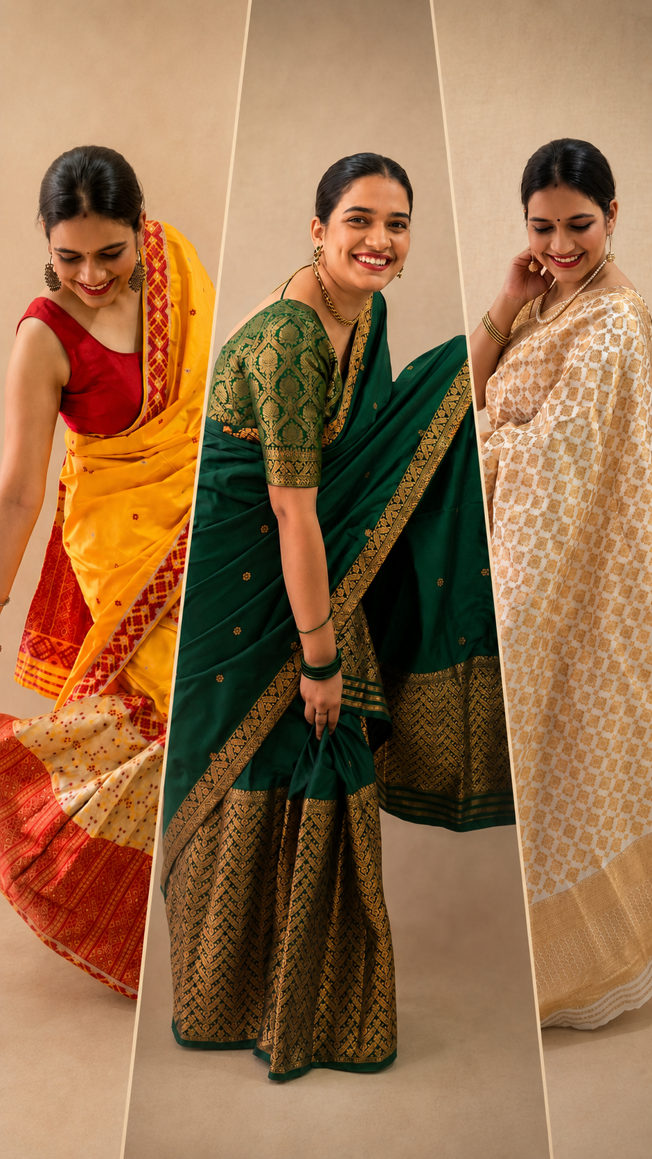 Green, yellow and white Mekhela Chador and saree outfit ideas for women during Sawan celebrations