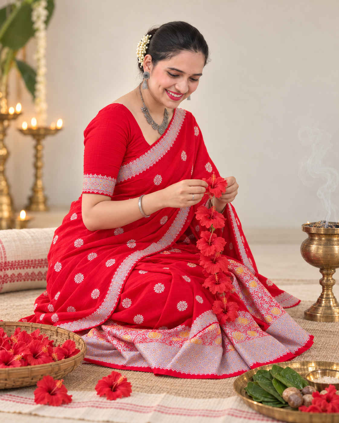 Woman wearing a fully stitched red Mekhela Chador for Durga Puja