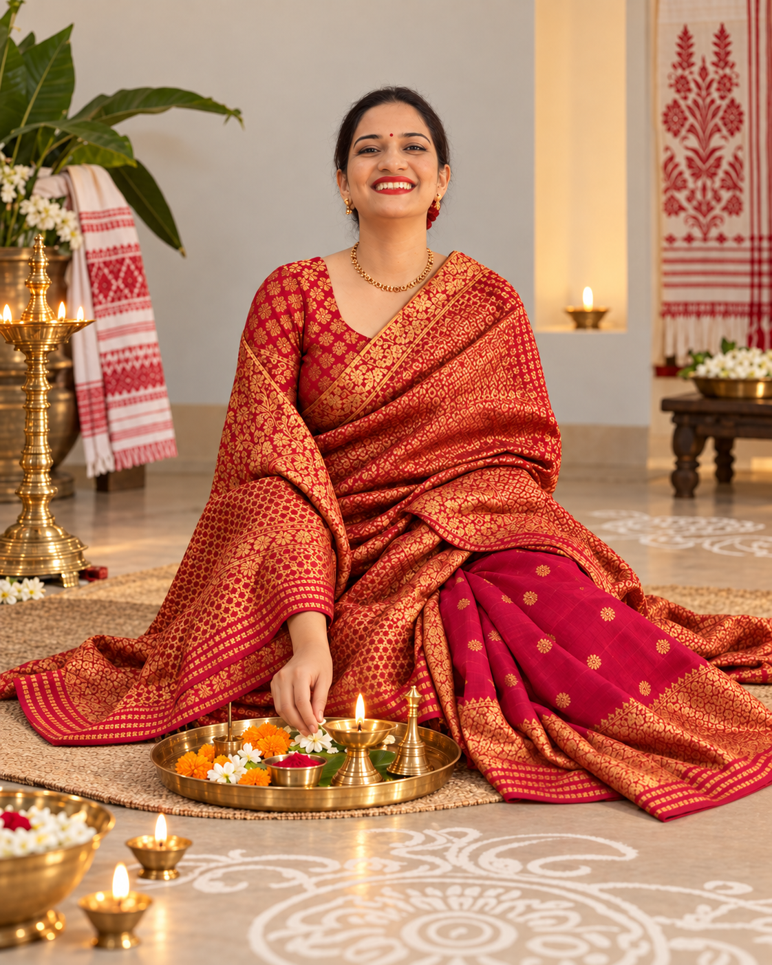 Smiling woman seated in a red and maroon traditional saree-inspired drape, holding a puja thali in a clean festive setting with diyas, rangoli, and subtle Assamese-Bengali decor.