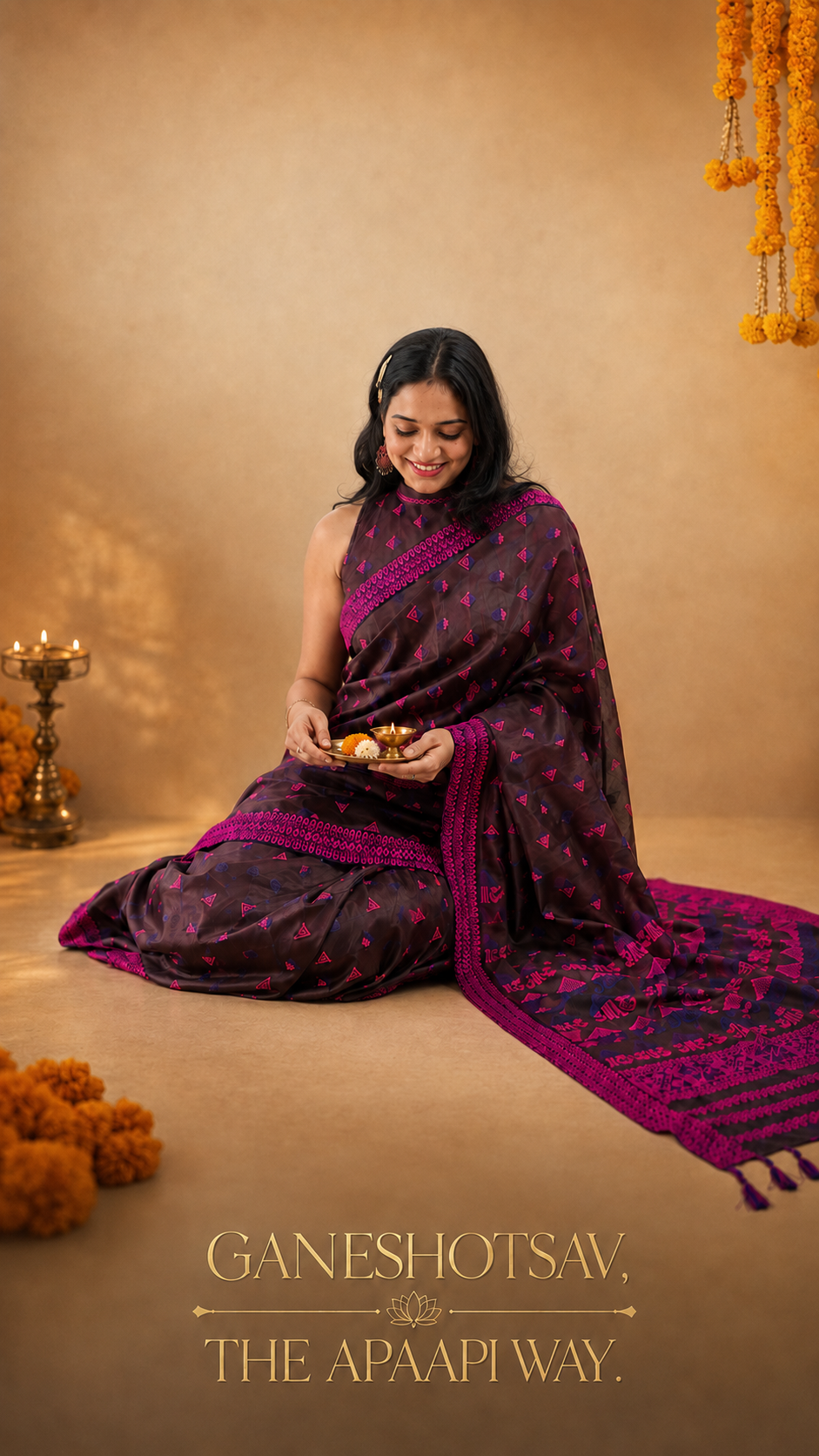 Ganesh Chaturthi saree ideas featuring contemporary cotton and festive silk sarees for Ganeshotsav dressing by Apaapi