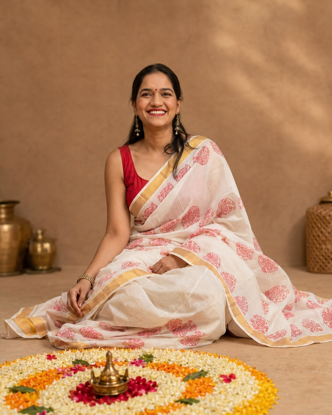 Woman wearing white and gold Onam Kasavu saree with Assam inspired block printed motifs by Apaapi