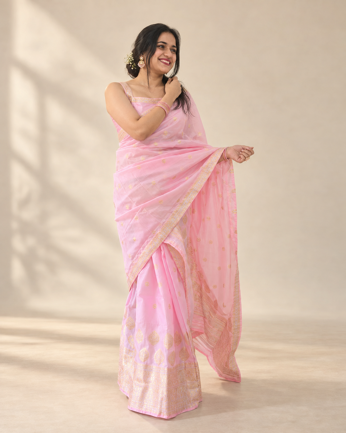 Woman wearing an affordable fully stitched Mekhela Chador from Assam for Durga Puja, Diwali and wedding celebrations