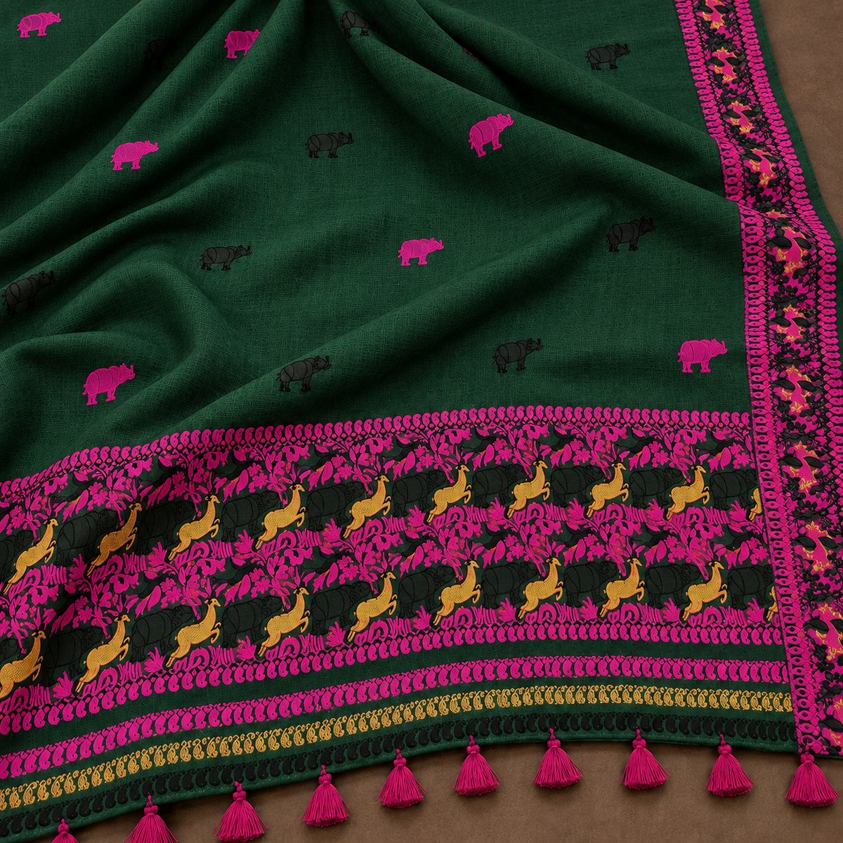 Arunika Kaziranga motif green Assam cotton dupatta cross-section
