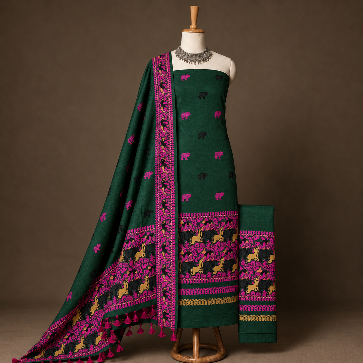 Arunika green Kaziranga motif Assam cotton unstitched 3 piece suit piece