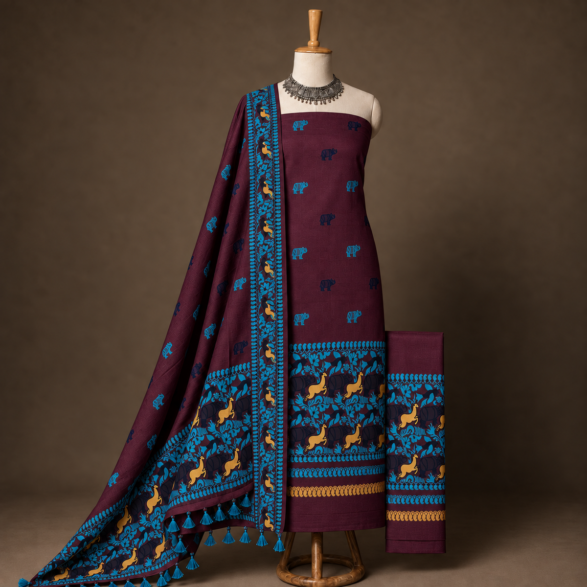 Bihangi Violet Assam Cotton Kaziranga motid Unstitched dress material- 3 piece suit