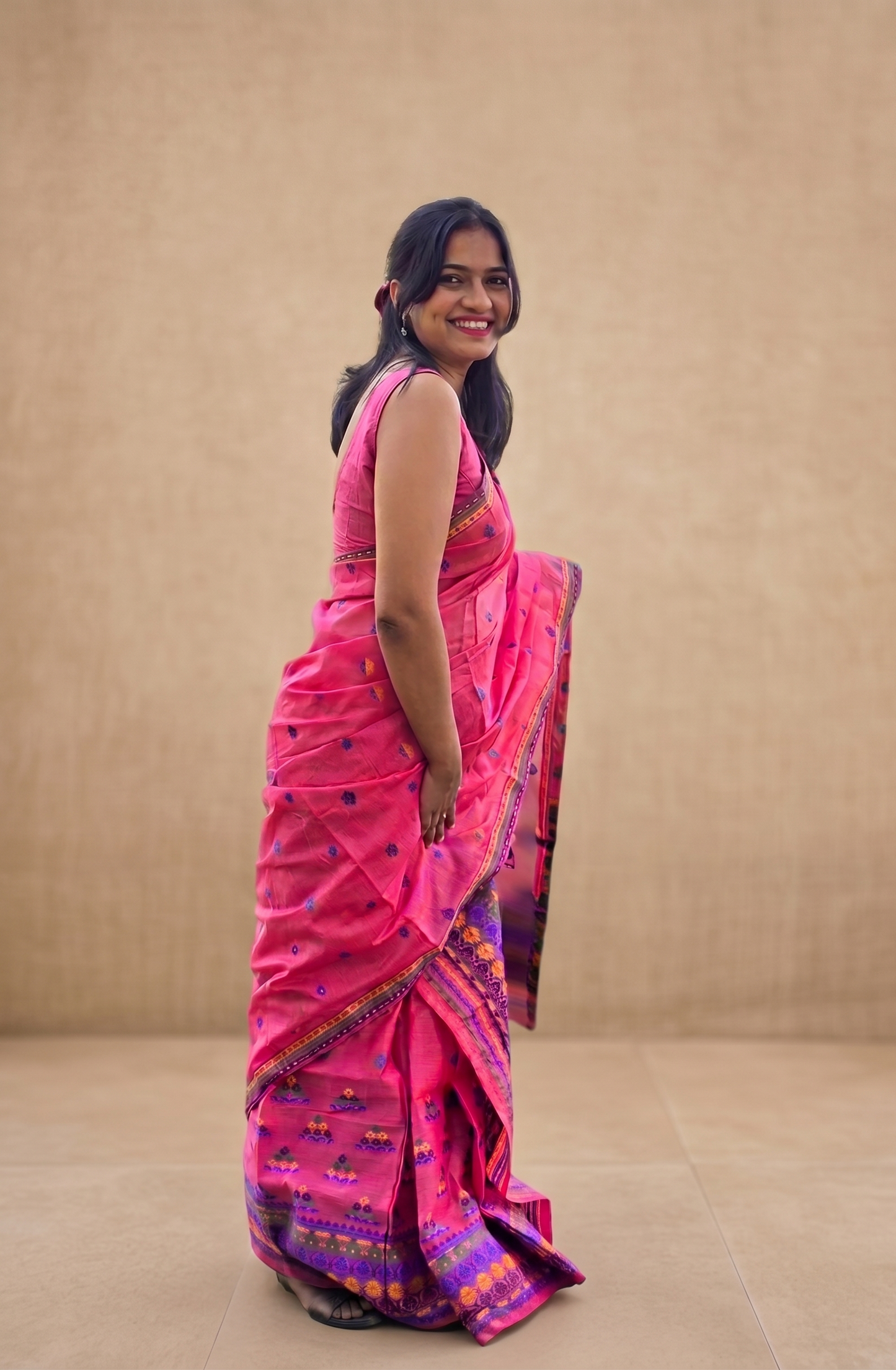 Pink cotton Mekhela Chador from Assam styled for Bihu, office ethnic wear and Assamese cultural occasions