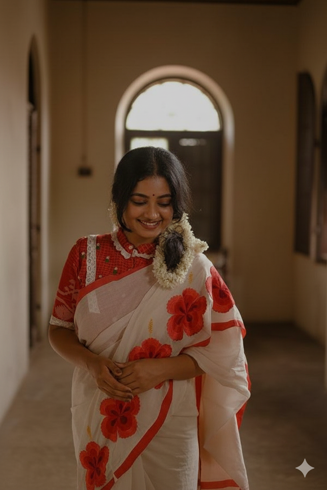
                      
                        Model wearing Rongon Raag handwoven cotton saree by Apaapi, inspired by Assam’s Rongon flower. Classic red and white handloom weave symbolizing devotion and elegance
                      
                    