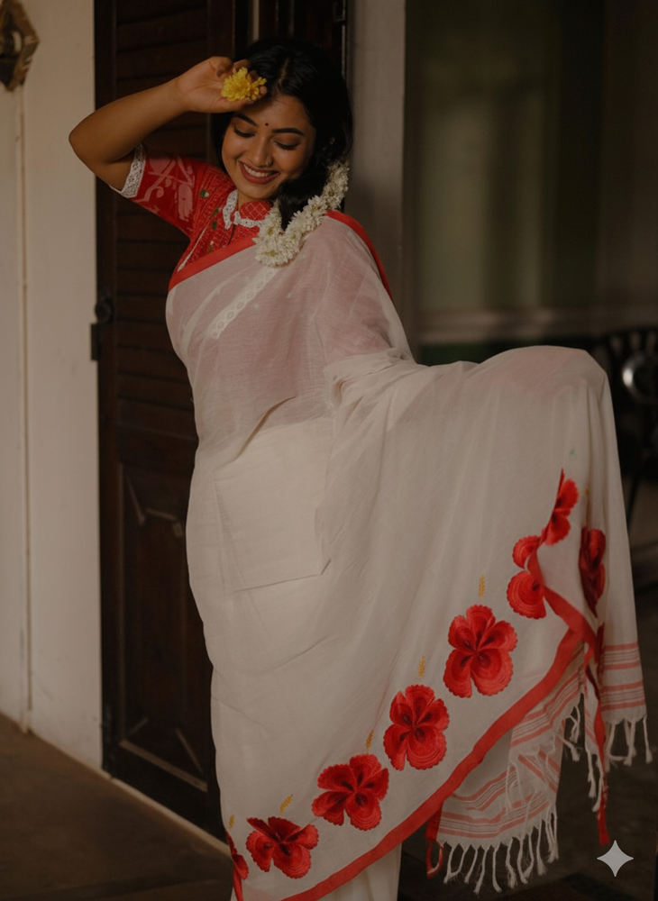 
                      
                        Model wearing Rongon Raag handwoven cotton saree by Apaapi, inspired by Assam’s Rongon flower. Classic red and white handloom weave symbolizing devotion and elegance
                      
                    
