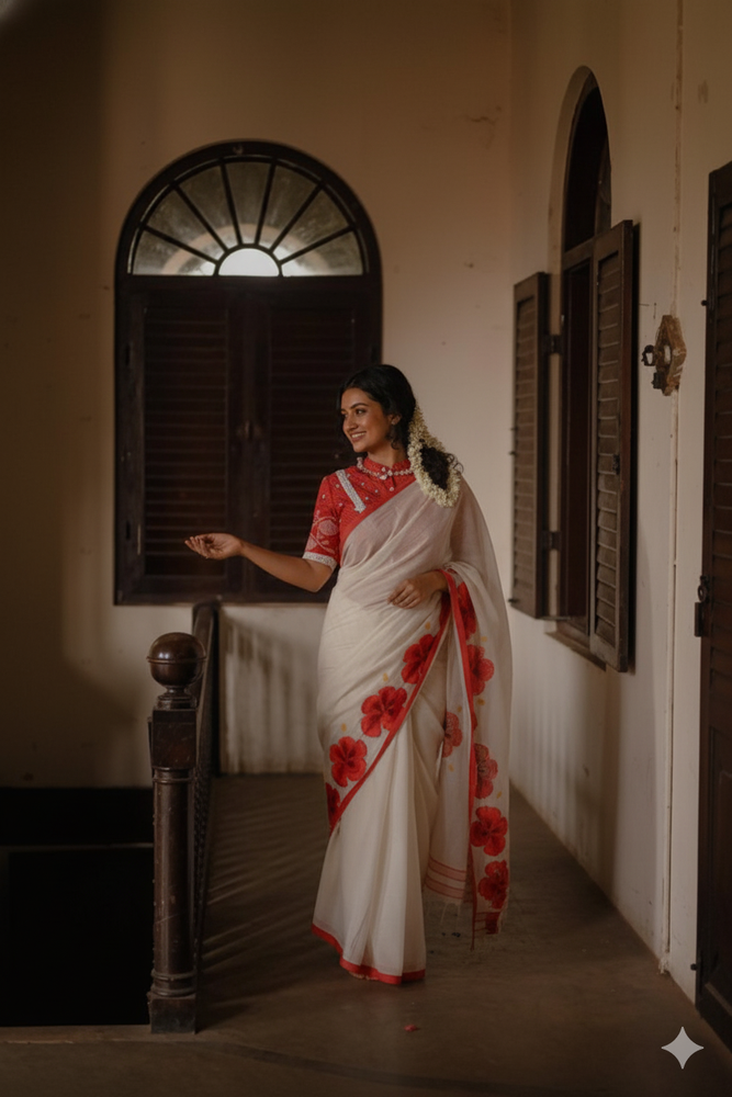 
                      
                        Model wearing Rongon Raag handwoven cotton saree by Apaapi, inspired by Assam’s Rongon flower. Classic red and white handloom weave symbolizing devotion and elegance
                      
                    