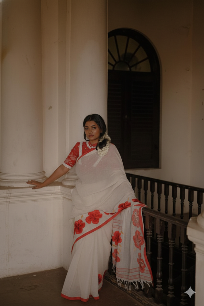
                      
                        Model wearing Rongon Raag handwoven cotton saree by Apaapi, inspired by Assam’s Rongon flower. Classic red and white handloom weave symbolizing devotion and elegance
                      
                    