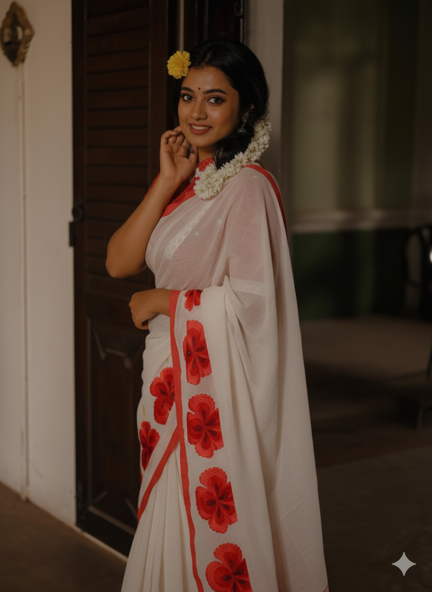 Model wearing Rongon Raag handwoven cotton saree by Apaapi, inspired by Assam’s Rongon flower. Classic red and white handloom weave symbolizing devotion and elegance