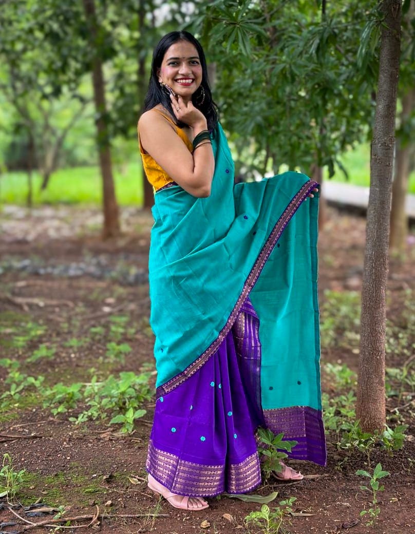 Handwoven Assam cotton Mekhela Chador in teal with purple border