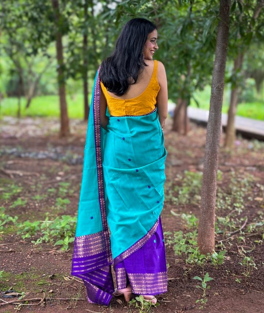 Handwoven Assam cotton Mekhela Chador in teal with purple border