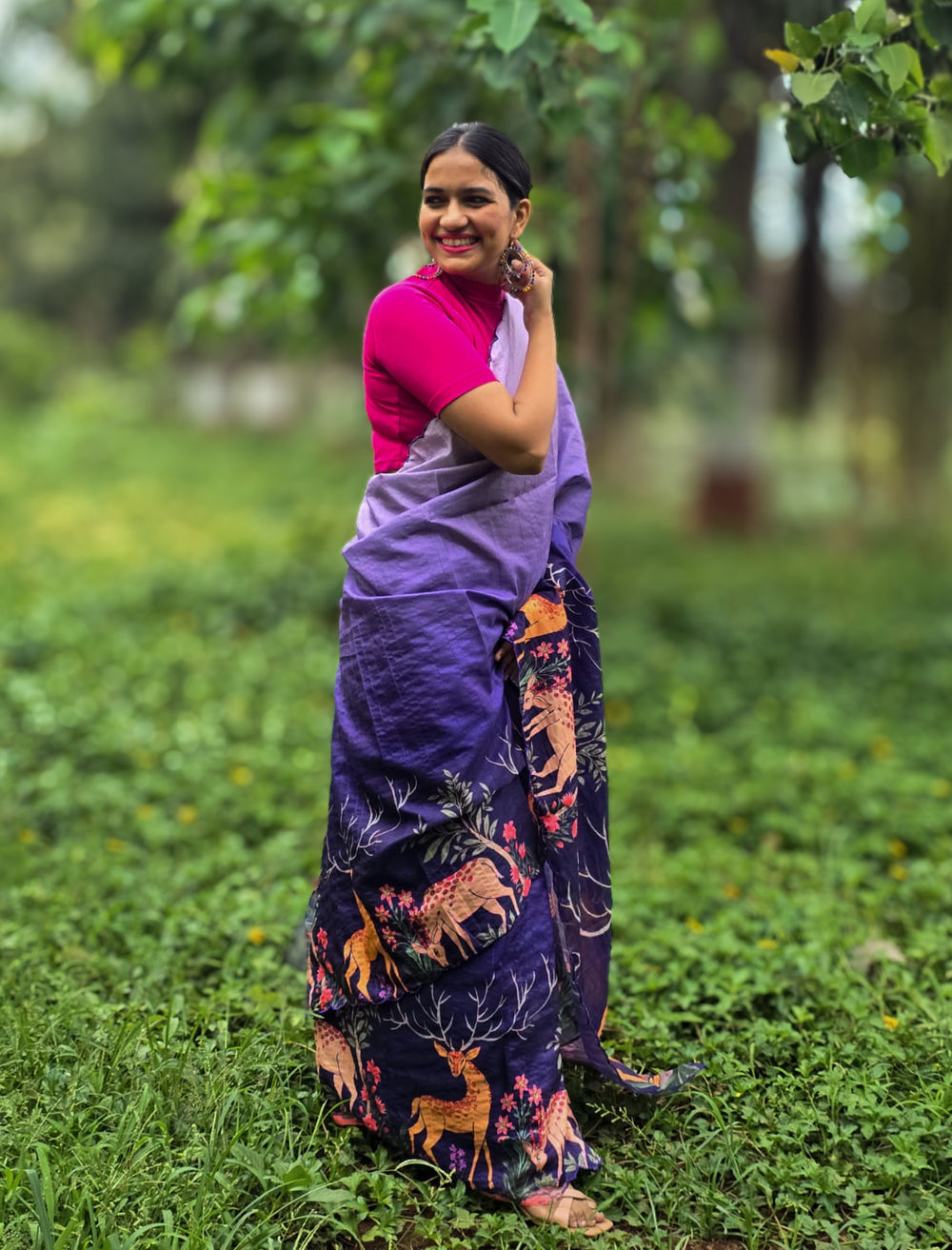Model wearing Aaranya Tussar silk saree by Apaapi, inspired by Assam’s forests and Kaziranga wildlife. Handwoven Tussar with subtle animal print motifs in earth tones.