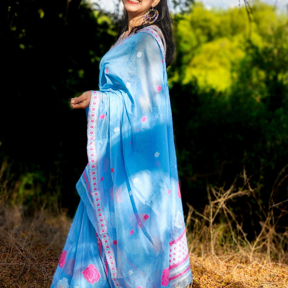 
                      
                        Blue mekhela chador, blue saree, blue mekhela chador with xinghap motif, assamese weave, assamese traditional wear, assamese saree
                      
                    
