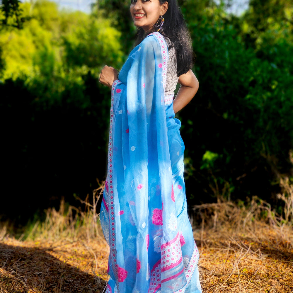 
                      
                        Blue mekhela chador, blue saree, blue mekhela chador with xinghap motif, assamese weave, assamese traditional wear, assamese saree
                      
                    