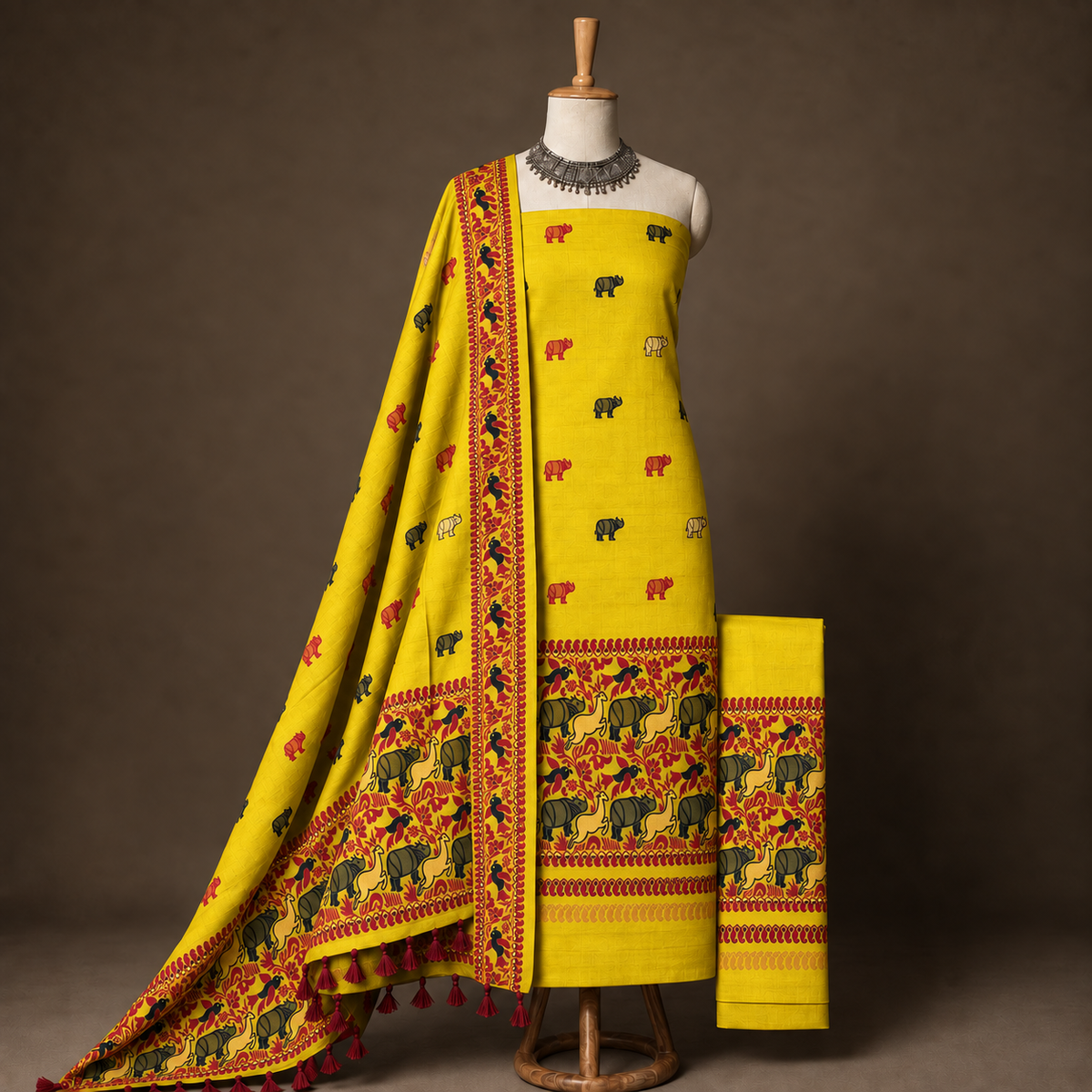 Kinkini yellow 3 piece Kaziranga rhino motif unstitched dress material from Assam