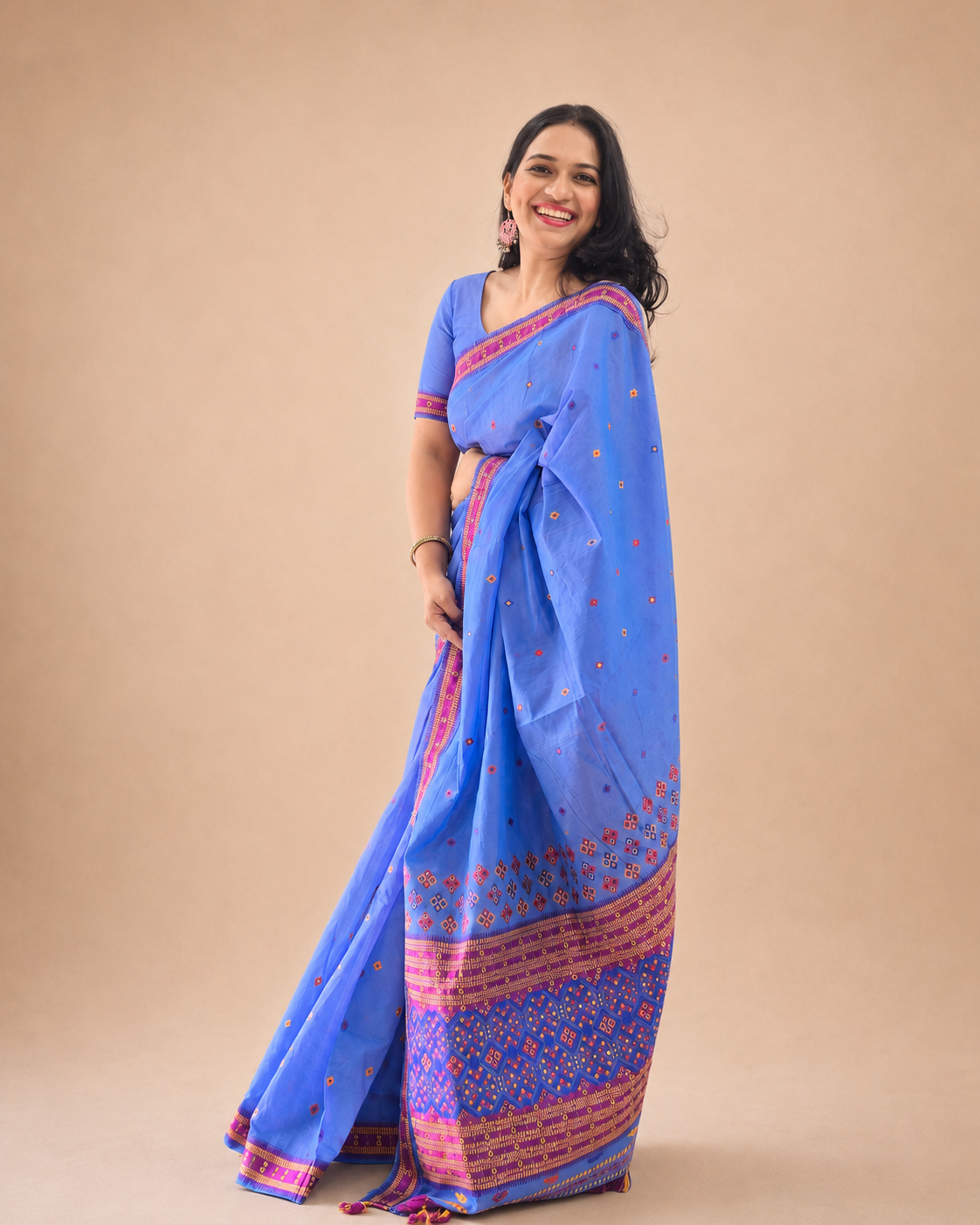 Front view of Mon Assam Blue handloom cotton woven saree