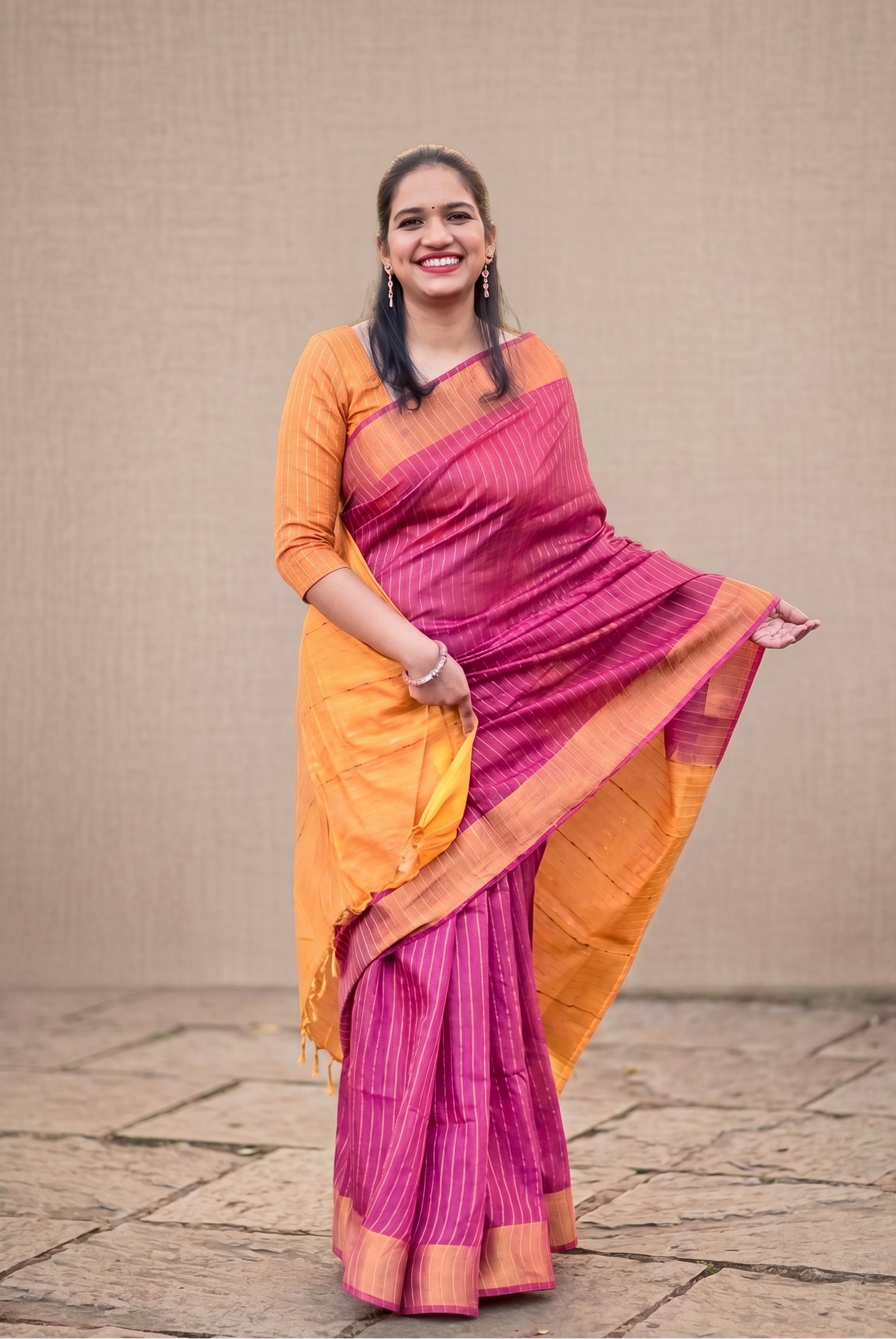 Front view of Rongsiri wine silk cotton saree with mustard pallu for office, daily wear and celebrations