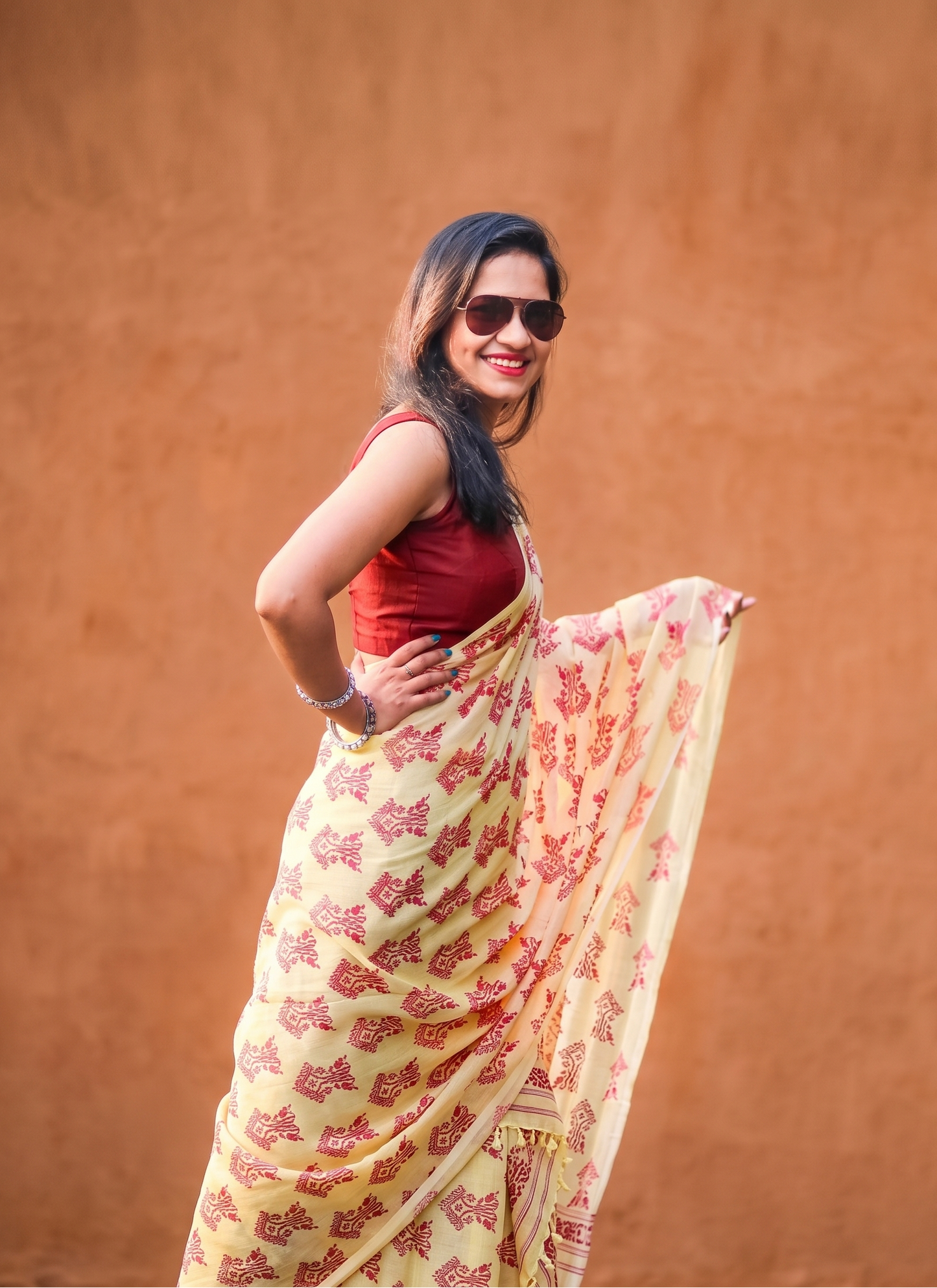 Tora soft yellow mulmul cotton saree with Assam tree block print by Apaapi, lightweight cotton saree for daily wear and office wear