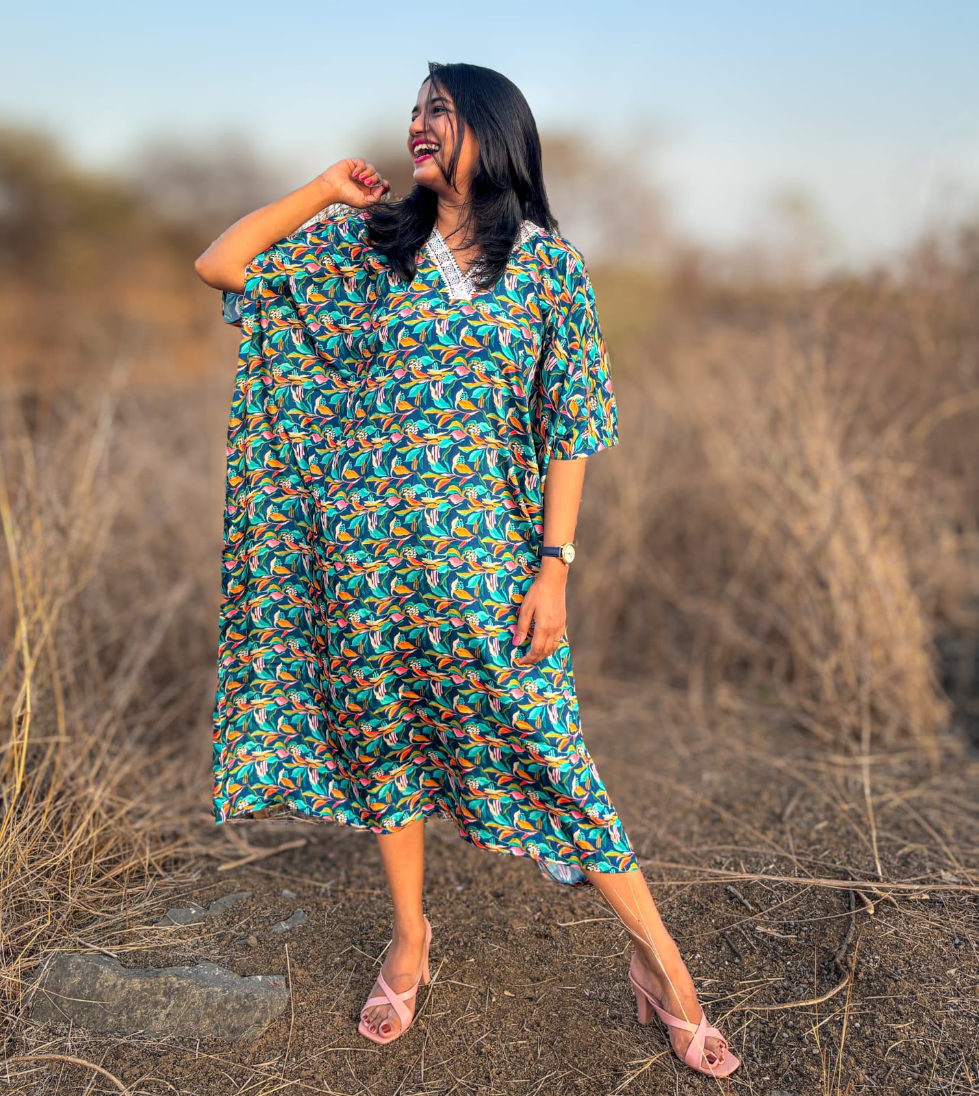  Crepe Kaftan Dress inspired by Water Hyacinth in tropical lagoons. Free-flowing and stylish, offering comfort and elegance. Perfect for all occasions with a unique vibrant floral print. #CrepeKaftan #TropicalFashion #WaterHyacinthPrint #SummerStyle