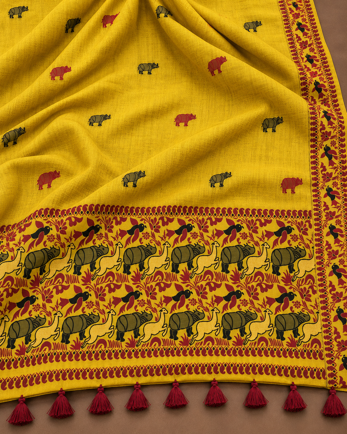Yellow Assam cotton kaziranga motif statement dupatta from Assam