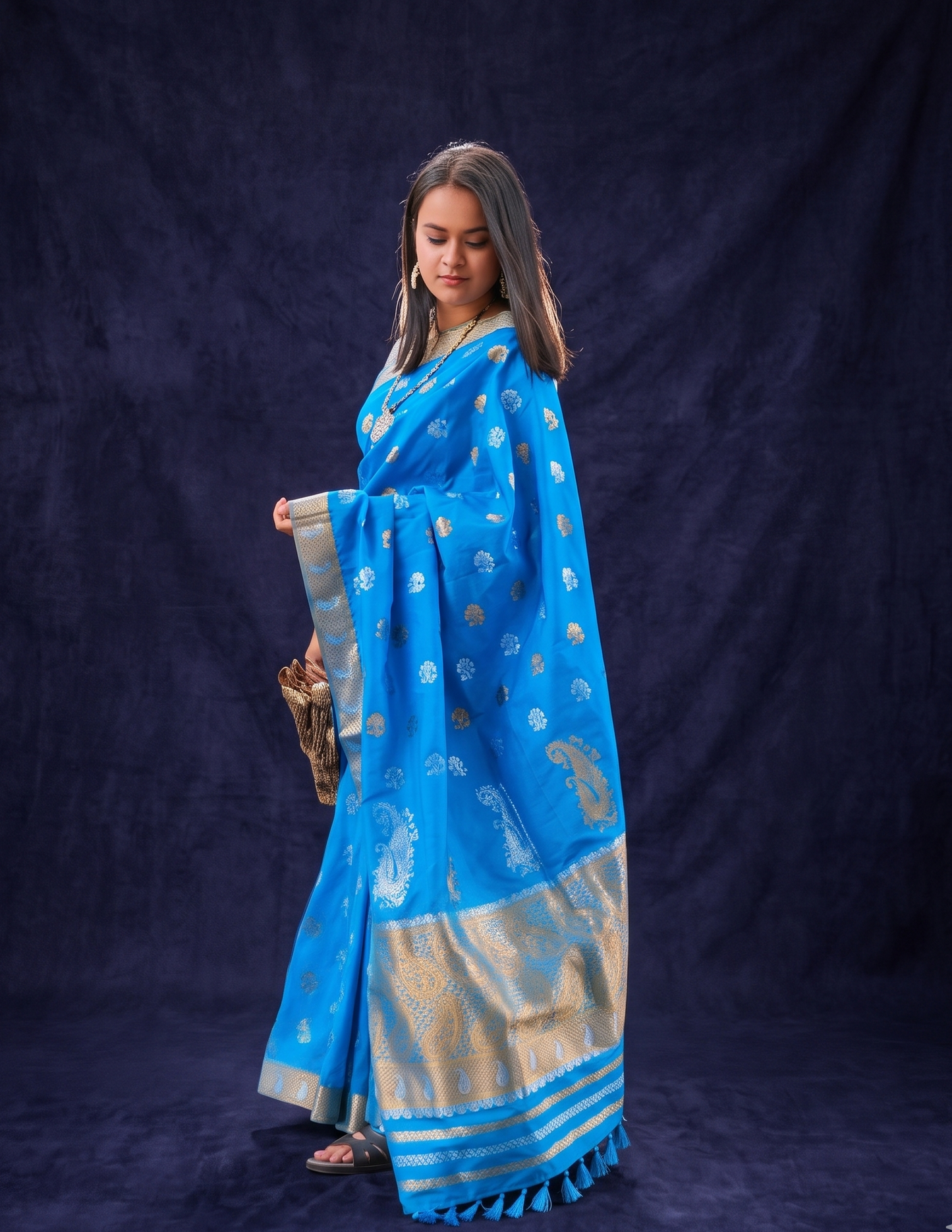 Side drape view of Aakashi blue Assam silk blend saree with traditional kalak motif and elegant festive styling