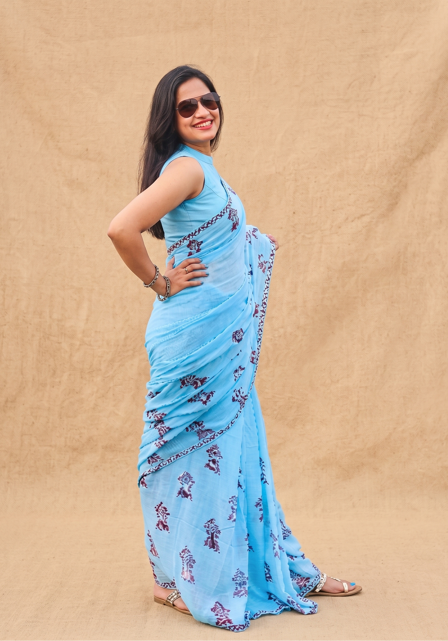 Close-up of Assam motif block print on Luit blue mulmul cotton saree by Apaapi