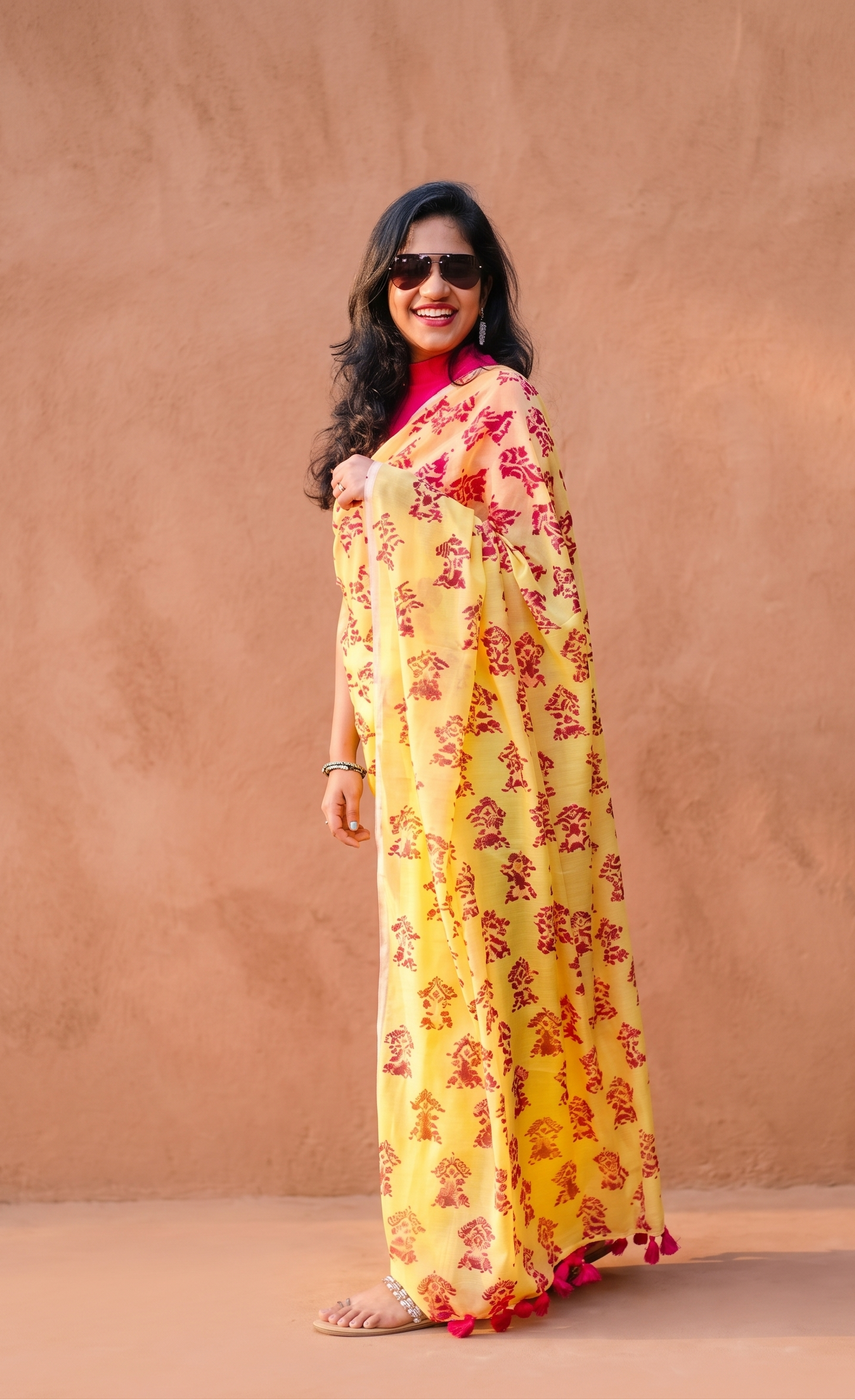 Close-up of Assam tree block print on Tora soft yellow mulmul cotton saree by Apaapi