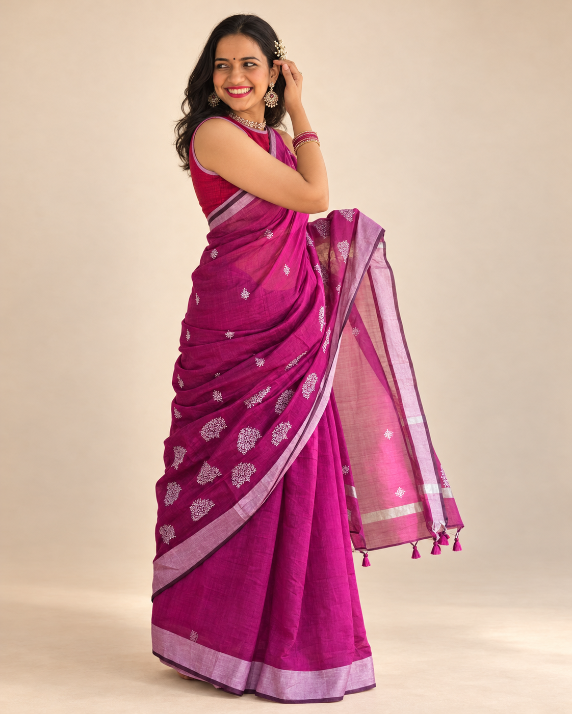 Wine cotton saree with silver embroidery styled for festive wear, office wear, puja and wedding guest looks in India