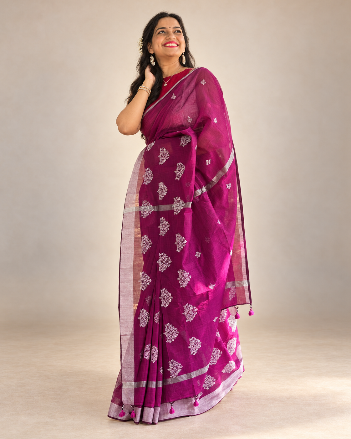 Baahi wine cotton saree with silver embroidery by Apaapi, soft breathable cotton saree for office wear, puja, festive occasions and wedding guest styling in India