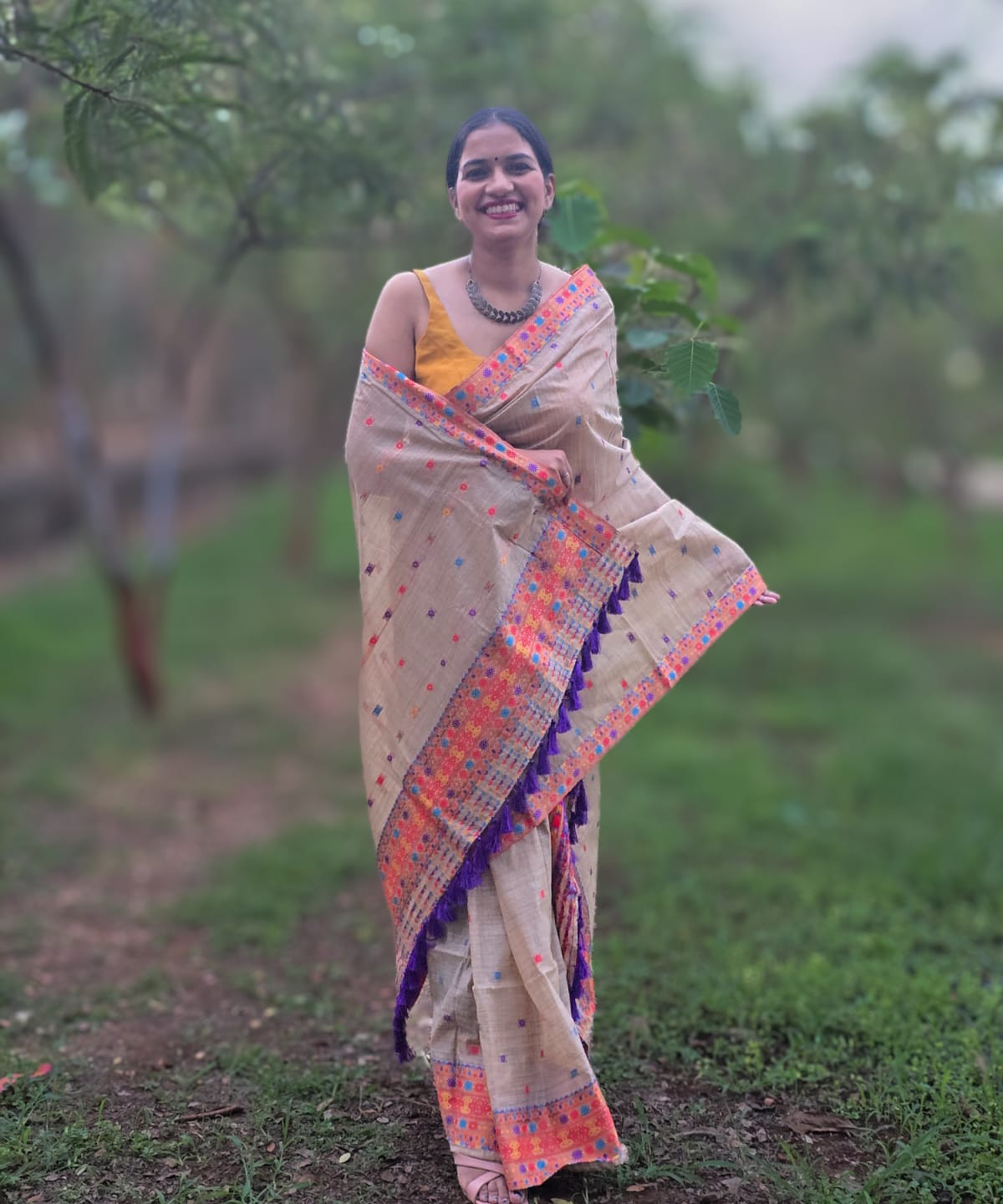 Bamboo cotton Mishing Mekhela Chador from Assam with traditional motifs and contrast border