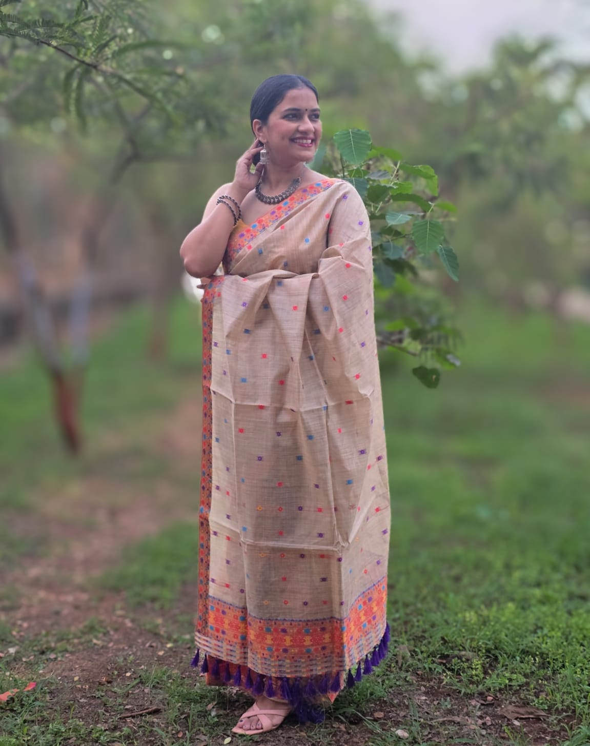 Bamboo cotton Mishing Mekhela Chador from Assam with traditional motifs and contrast border