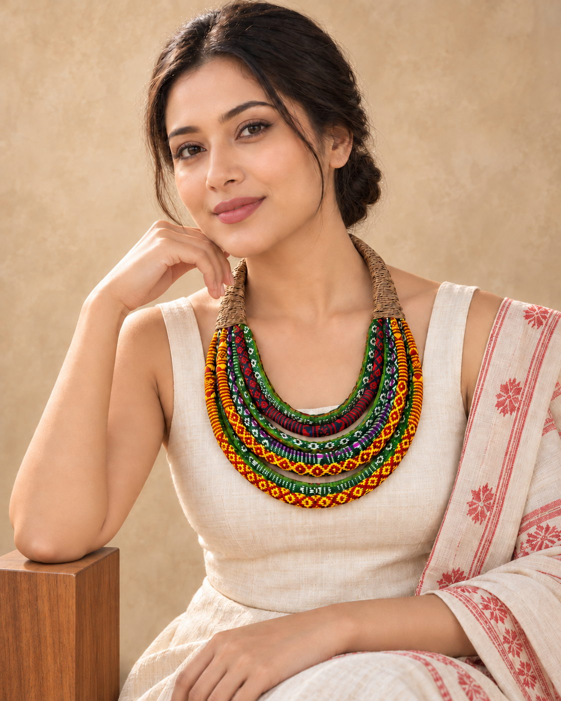 Model wearing Bhanumoti multicolour layered textile necklace handcrafted in Assam