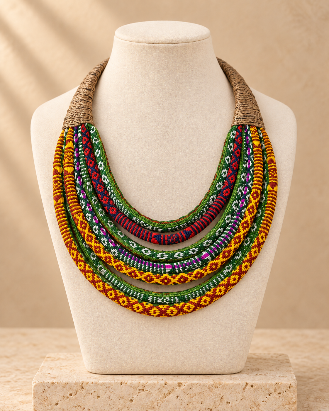 Bhanumoti multicolour handwoven layered textile statement necklace from Assam