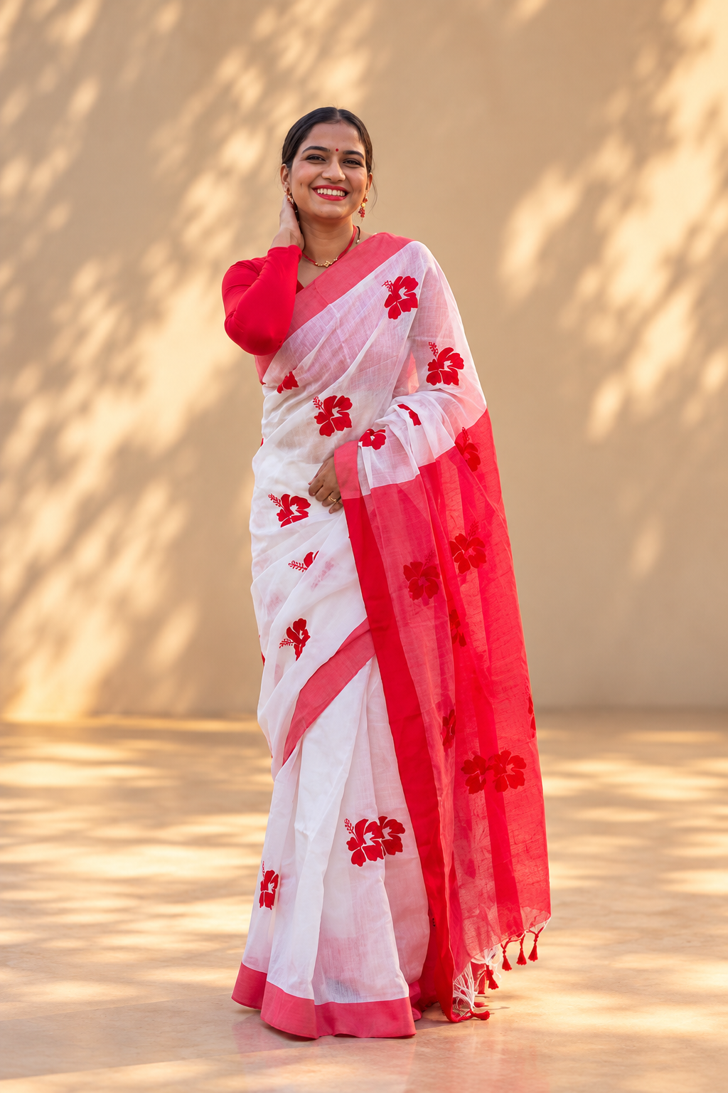 Bijoya Bela red and white festive saree inspired by Bijoya Dashami and Durga Puja by Apaapi