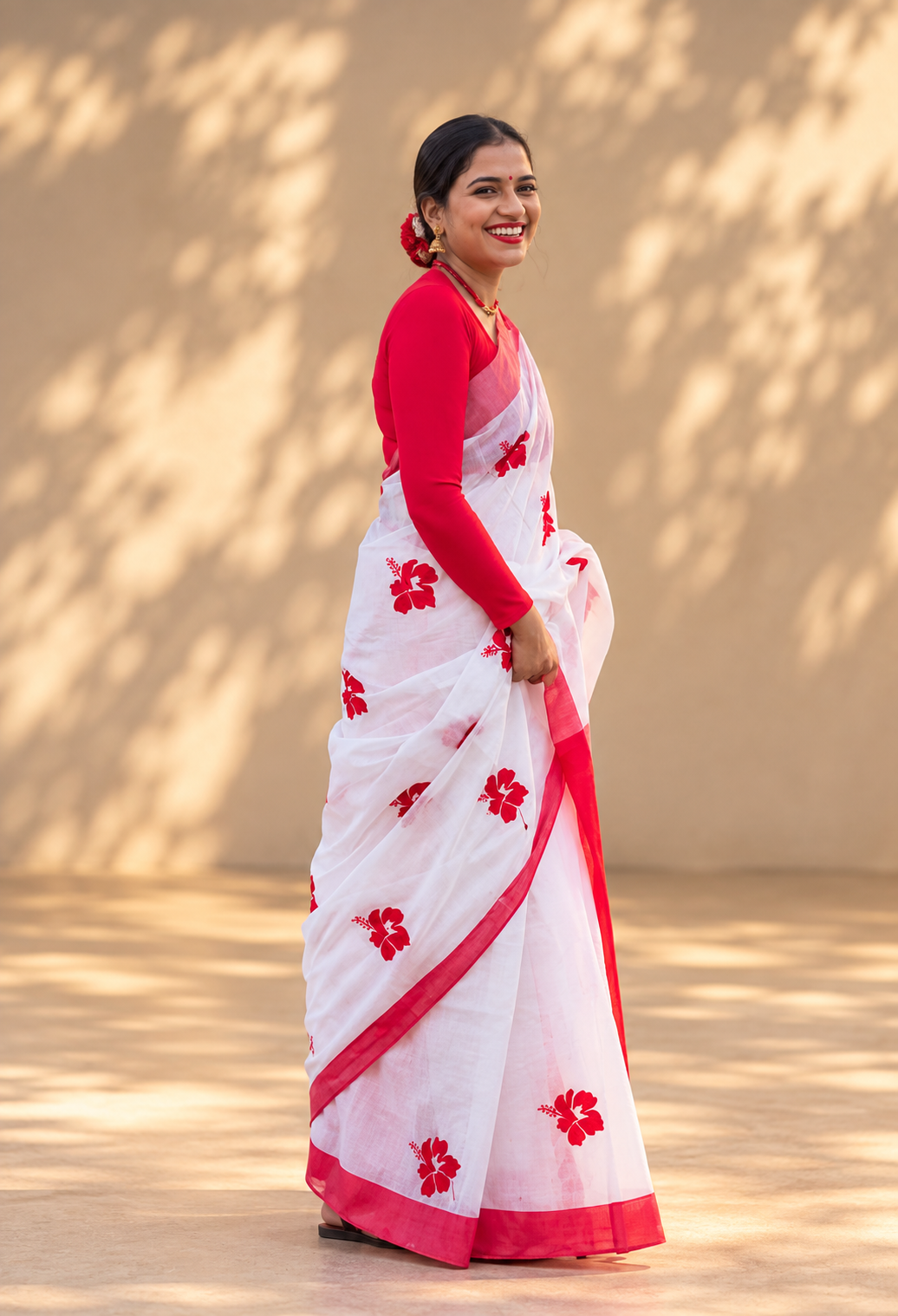 Bijoya Bela white and red saree styled for Bijoya Dashami and Durga Puja celebrations.