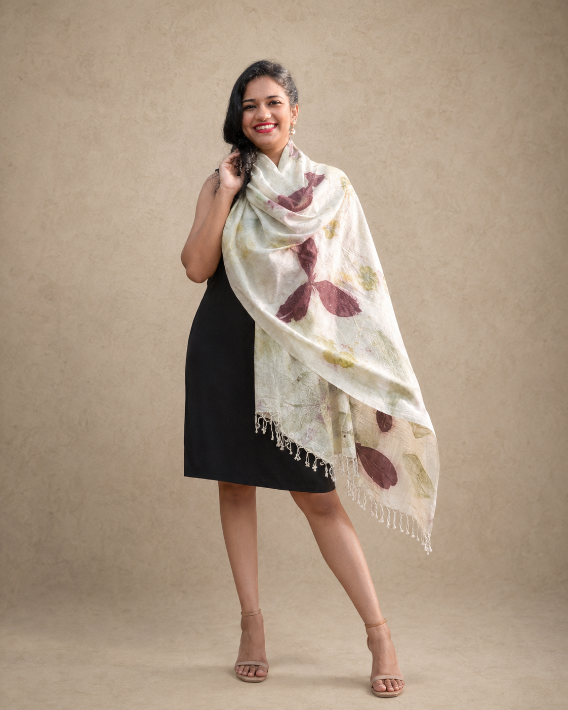 Bokul white eco print handloom cotton stole for women