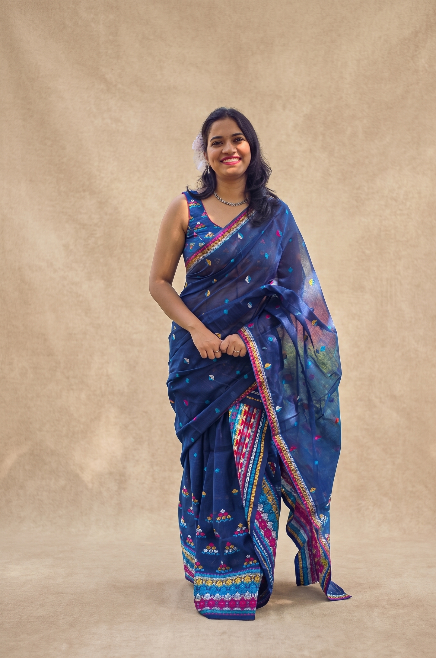 Bordoisila blue cotton Mekhela Chador fully stitched and ready to wear from Assam by Apaapi