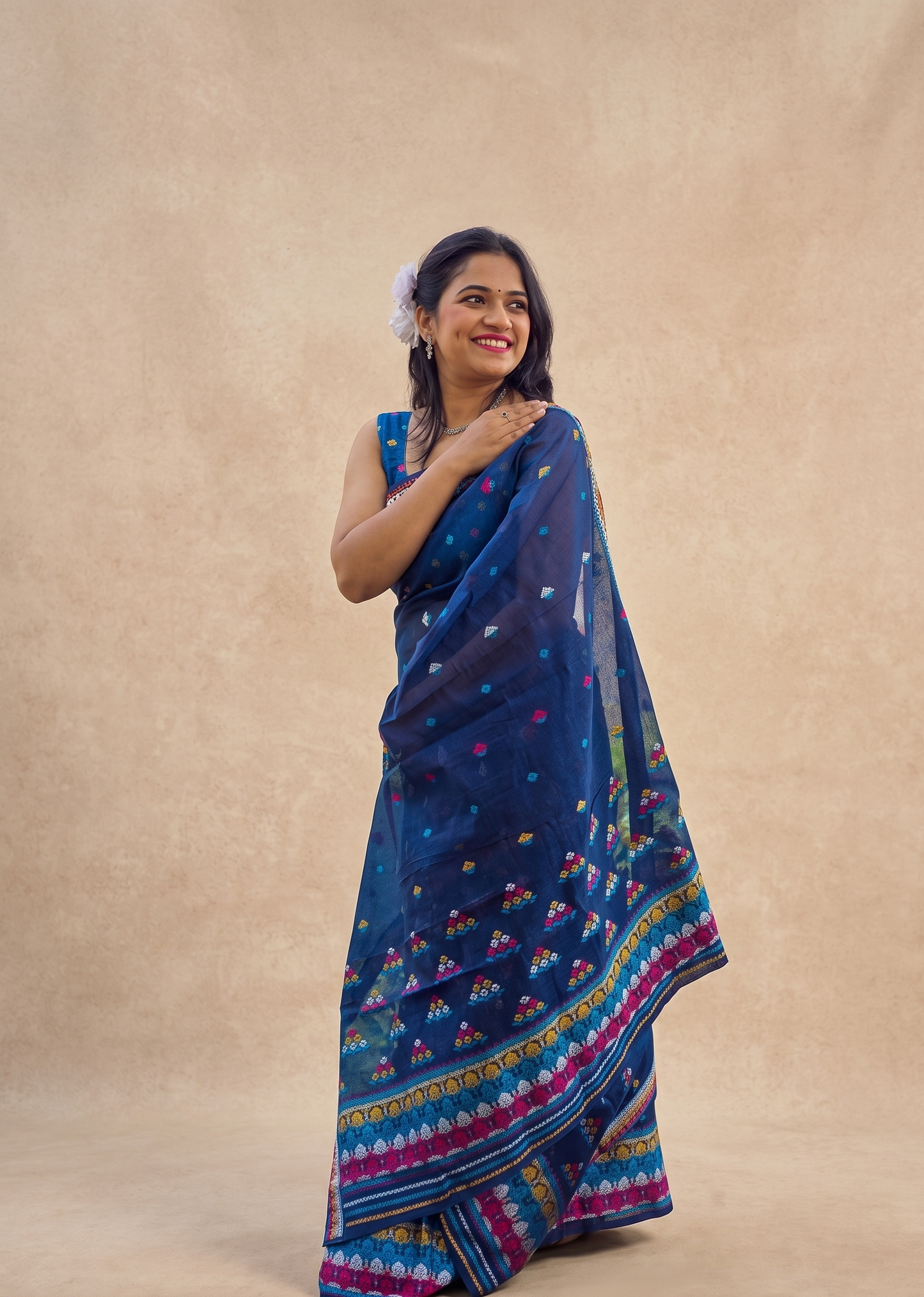 Ready-to-wear blue cotton Assamese Mekhela Chador side drape for Bihu and puja