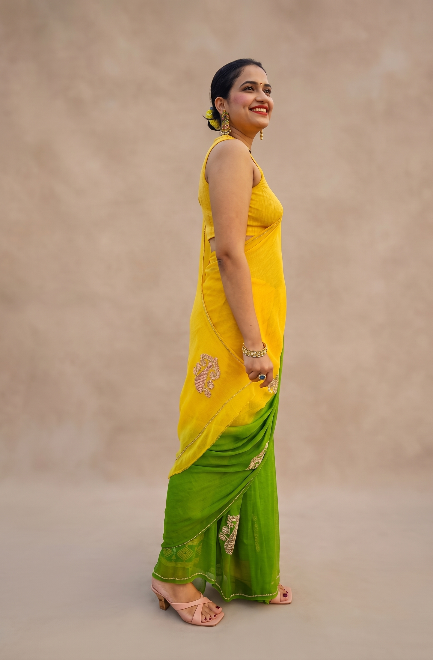 Camel Bells to Bamboo Whispers chiffon saree with Assam-inspired Gos motif for festive wear
