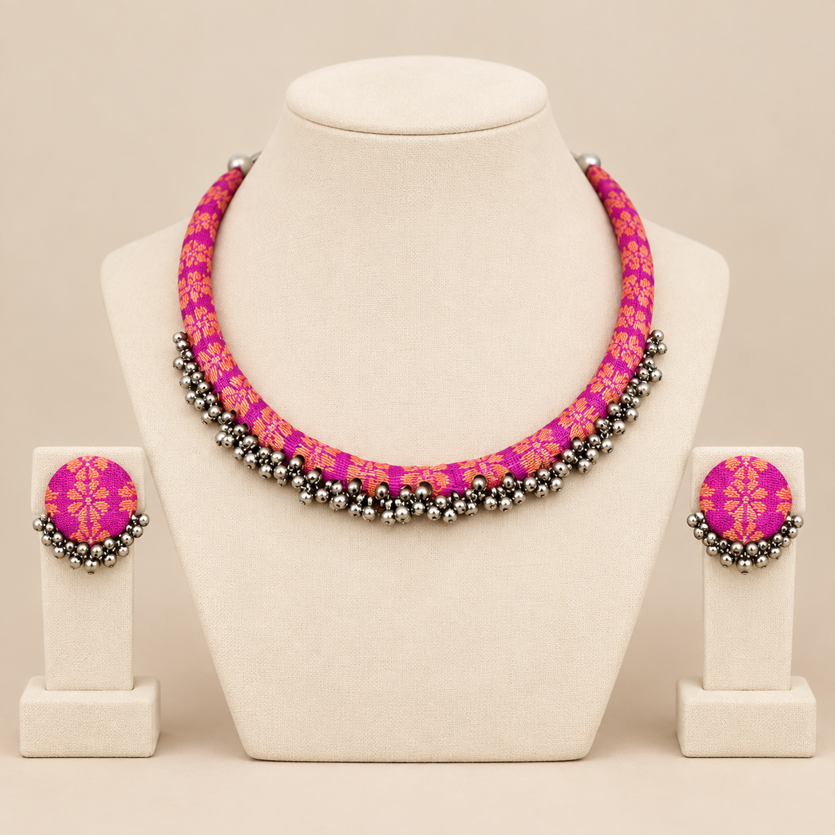 Champavati magenta fabric necklace and earrings set with oxidised silver ghungroos