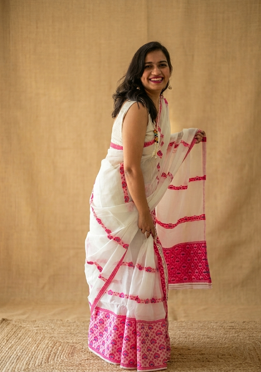 Side drape of ready-to-wear white cotton Mekhela Chador with red motifs from Assam