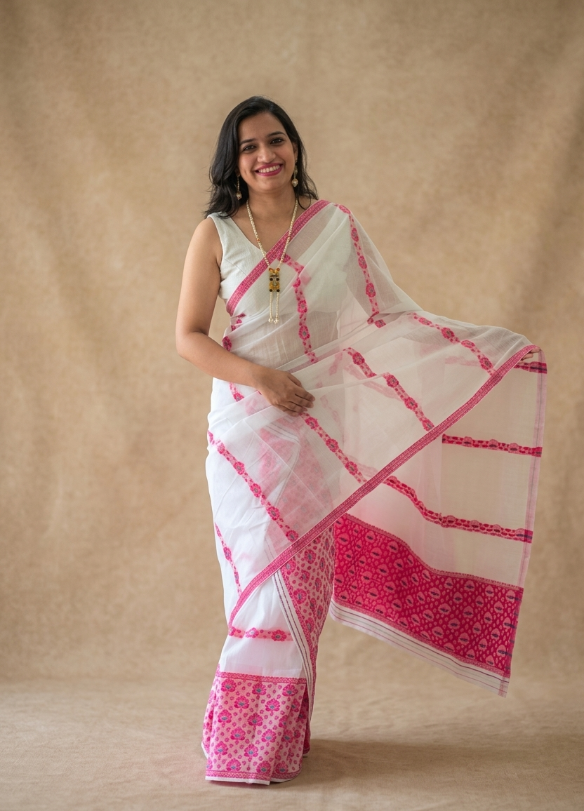 Chandralekha white cotton Mekhela Chador with red woven motifs fully stitched from Assam by Apaapi