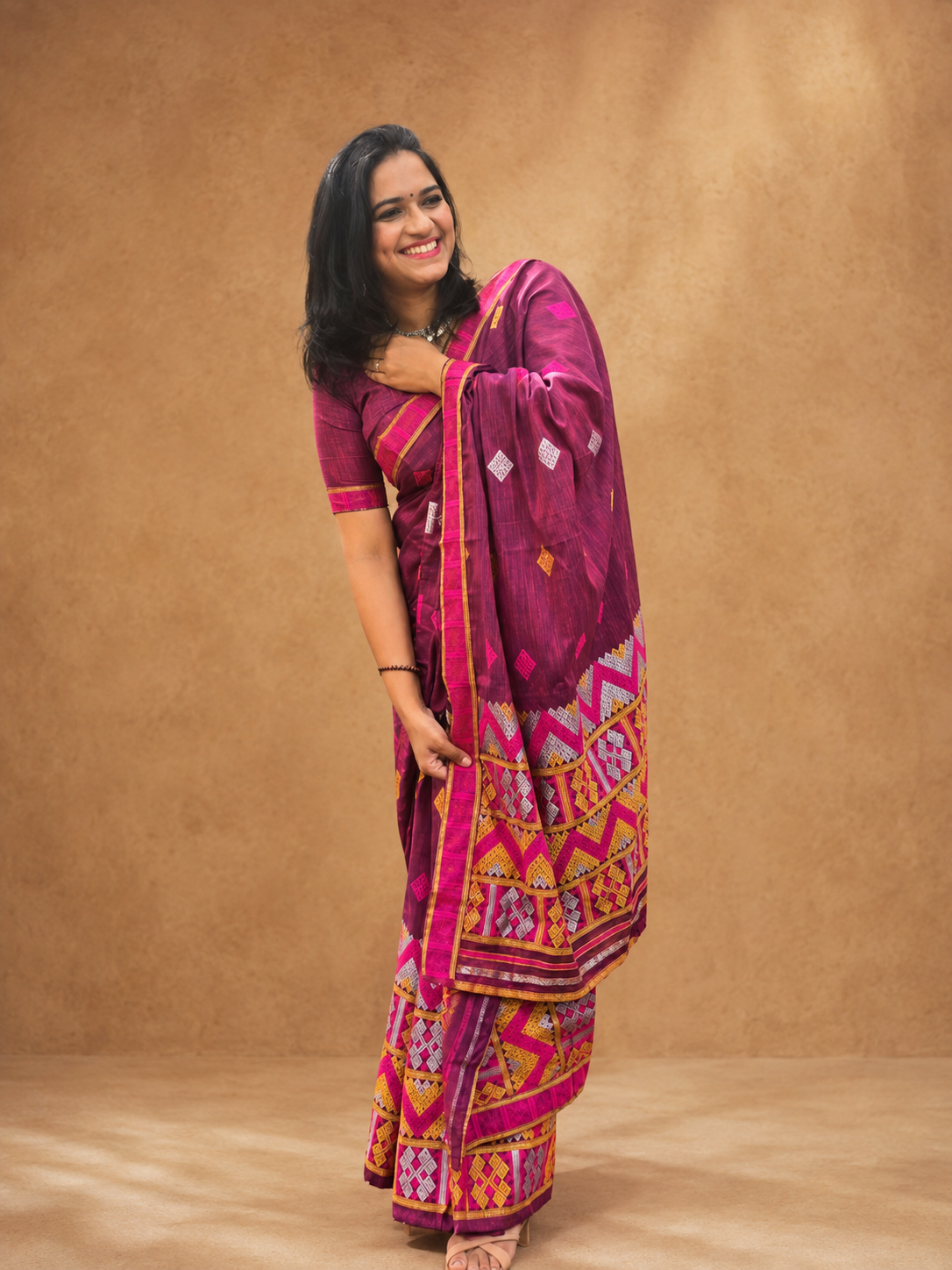 Dawn Ligang magenta woven Assam cotton Mishing Mekhela Chador fully stitched and ready to wear by Apaapi