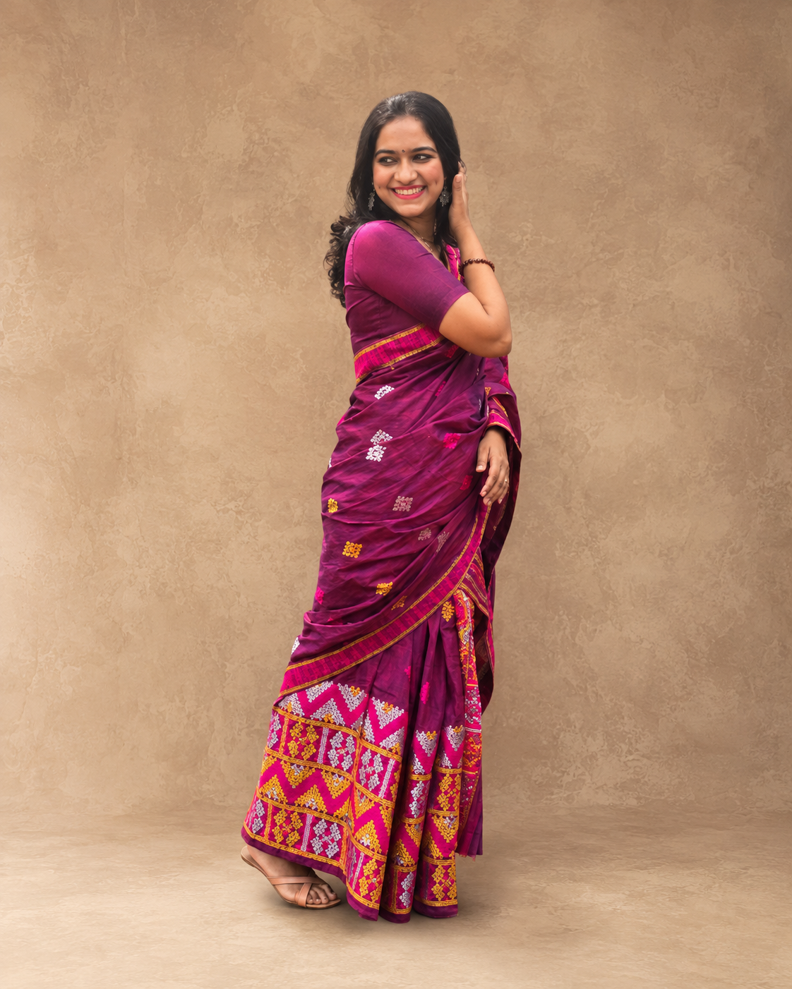 Traditional Assam cotton Mishing Mekhela Chador for Assamese cultural events and Indian diaspora celebrations worldwide