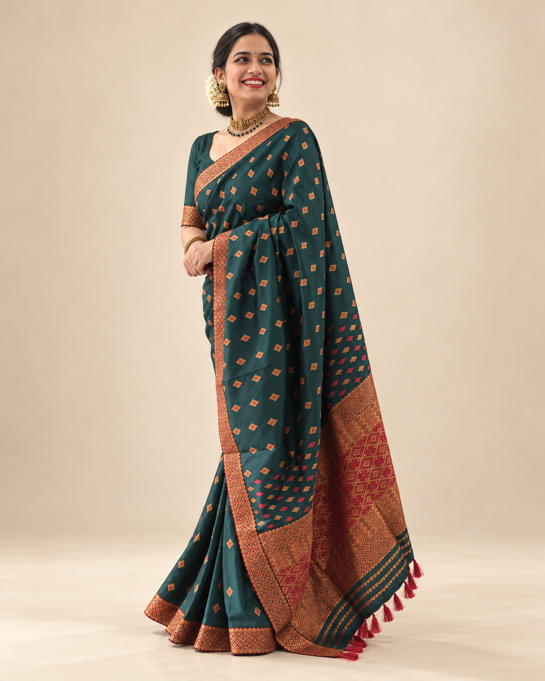 Deep green saree with orange-gold woven motifs, contrast border and red patterned pallu styled for weddings, festive celebrations and Indian cultural occasions.