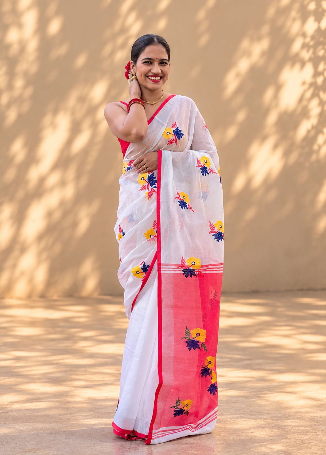 Dudhnoi Xondhiya Goalpara-inspired Assam festive saree with floral detailing by Apaapi.